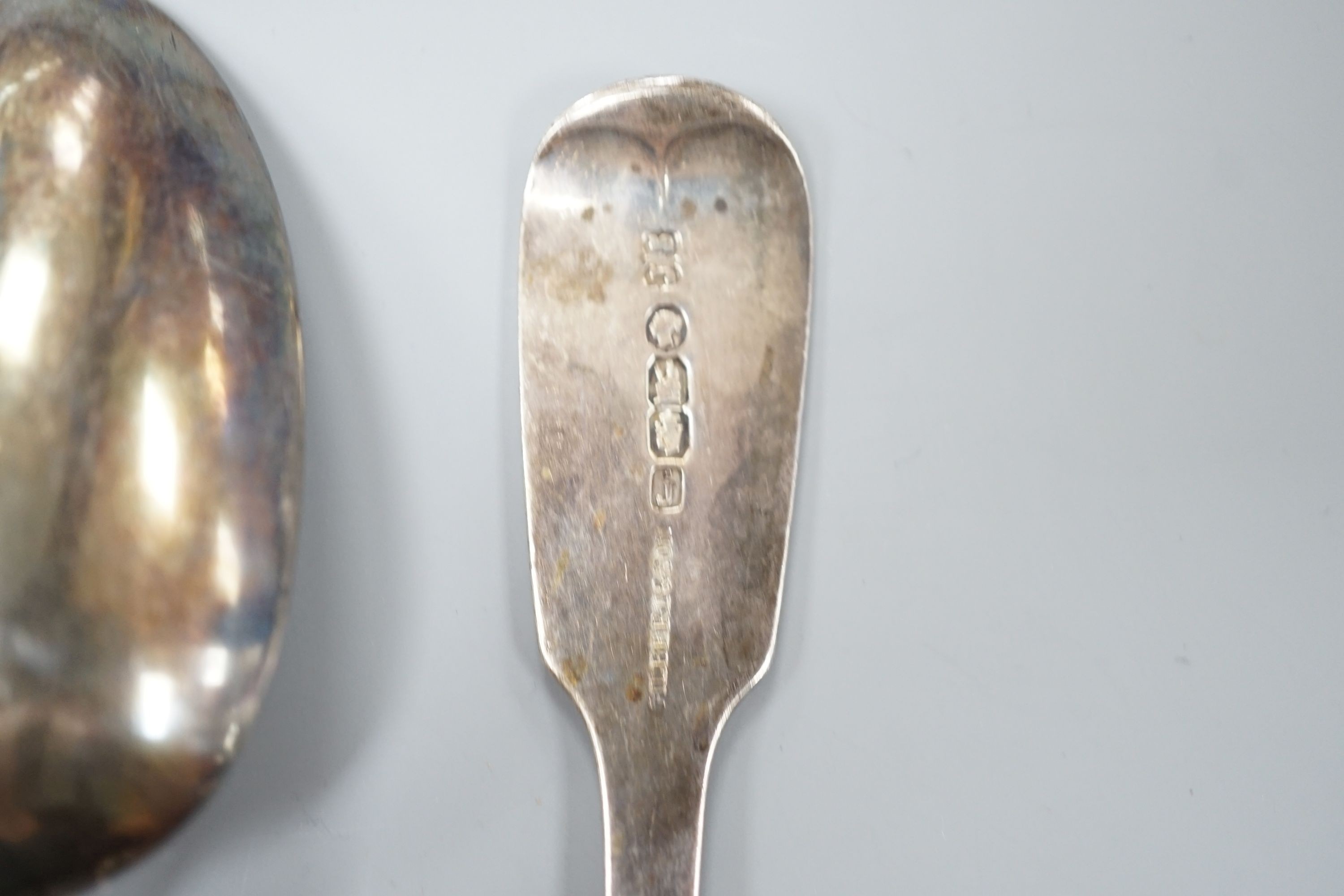 A pair of Victorian Irish silver fiddle pattern dessert spoons, Dublin, 1854, 18.1cm and two 18th century Scottish silver Old English pattern tablespoons, Edinburgh, 1765 & 1791, 7oz.